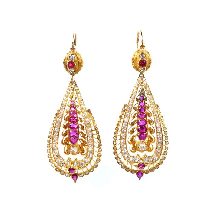 Pair of 18ct gold, diamond and ruby pendant earrings